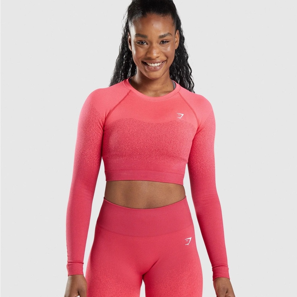 Gymshark Adapt Ombré Seamless Set Red Pink Long Sleeve Crop Top and Leggings